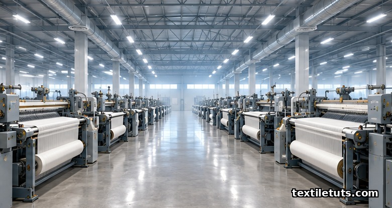 Empty modern weaving shed interior with parallel rows of shuttleless looms, LED high-bay lighting, HVAC ducts, and polished concrete floor under cool white light.