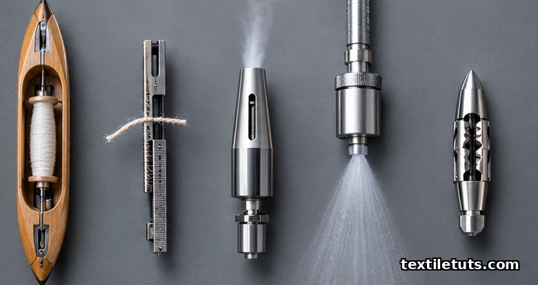 Technical comparison of five loom weft insertion technologies: shuttle, rapier, air-jet, water-jet, and projectile laid out on a neutral surface.