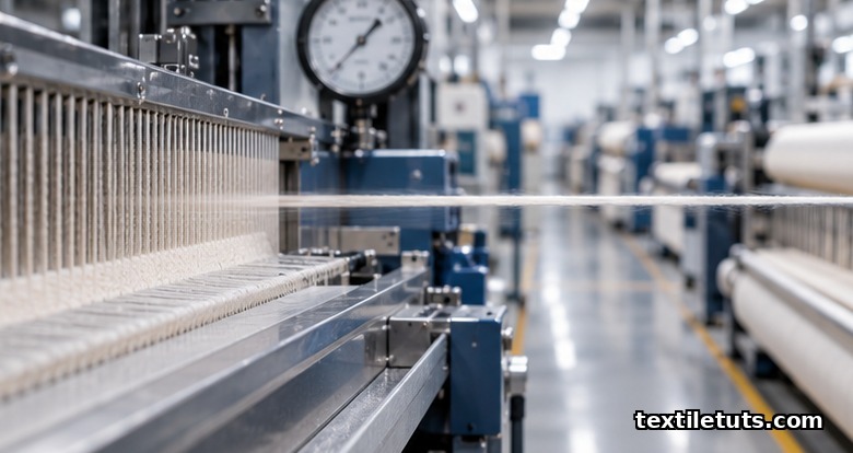 Single weft yarn captured mid-flight across an open warp shed, illustrating picks per minute measurement on a modern weaving loom.