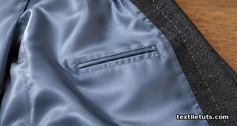Interior view of a tailored jacket showing smooth slate-blue viscose lining draped against the wool shell with soft daylight.