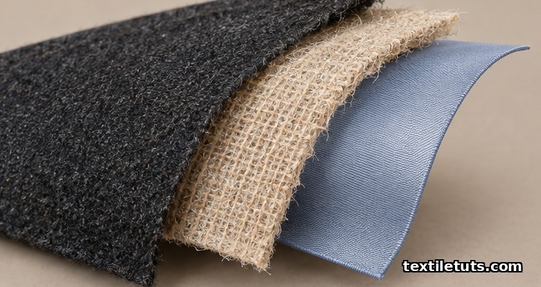 Exploded cross-section of a tailored jacket chest showing wool shell, hair-and-wool canvas interlining, and viscose lining fanned apart.
