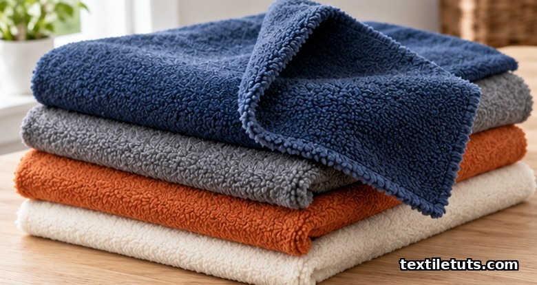 Folded stack of polyester polar fleece fabric in navy, grey, orange and cream showing its soft napped surface