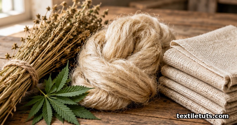 Dried hemp stalks, combed hemp bast fiber and folded natural woven hemp fabric on a wooden table