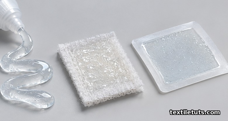 Three hydrogel wound dressing forms displayed together: amorphous gel tube, impregnated nonwoven scrim, and sheet hydrogel with carrier film.