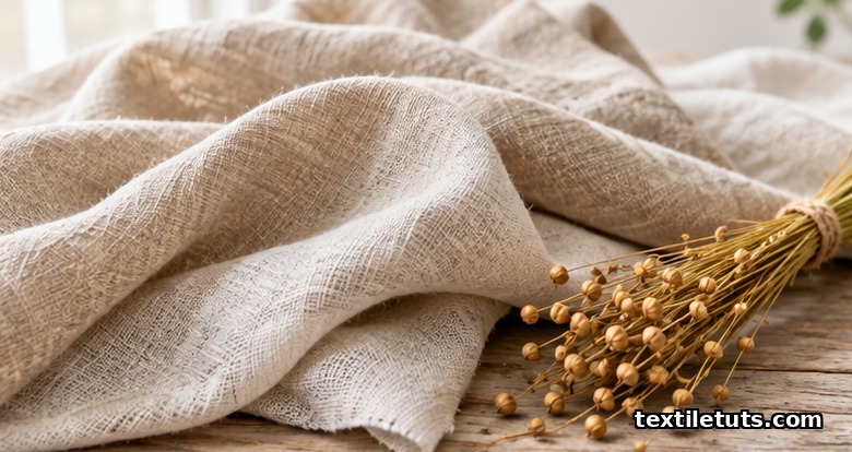 Draped natural linen fabric with visible slub texture beside a bundle of dried flax stems on an oak table