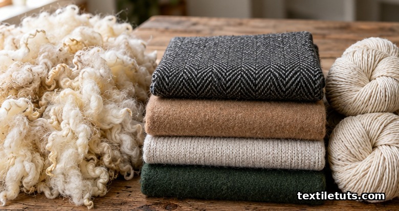 Raw merino wool fleece beside yarn skeins and folded tweed, flannel, jersey and boiled wool fabrics on a wooden table