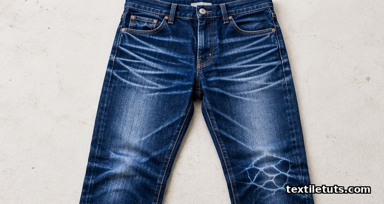 Flat-lay of indigo denim jeans showing high-contrast whisker fade lines across the thighs and a soft abrasion zone on the seat against an off-white workshop backdrop.