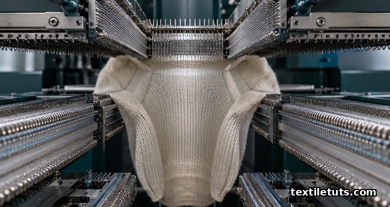 Close-up of a four-needle-bed WHOLEGARMENT knitting system with fine-gauge needles and a shaped sweater tube.