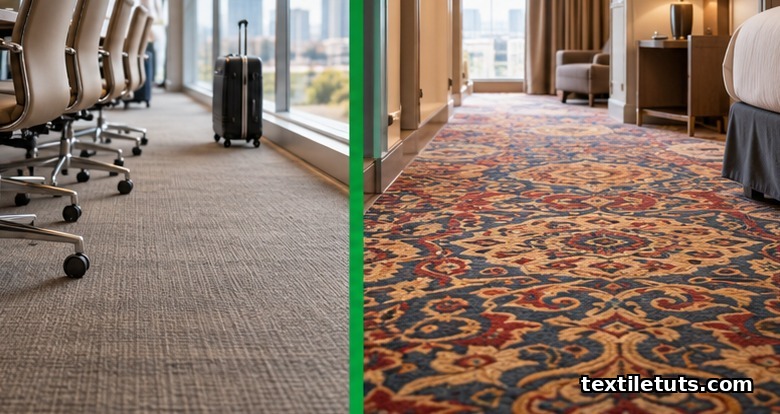 Side-by-side interior view contrasting a solid tone-on-tone Wilton carpet in an office with a richly patterned Axminster carpet in a hospitality corridor.