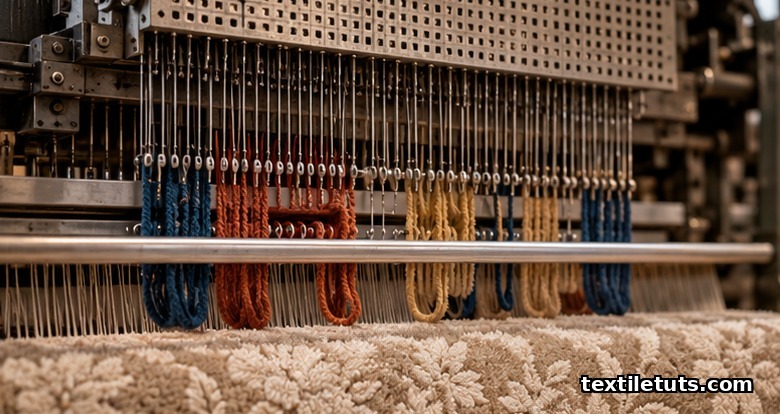 Close-up of a Jacquard Wilton loom head with continuous pile yarns running through the carpet body and unused colors buried beneath the backing.