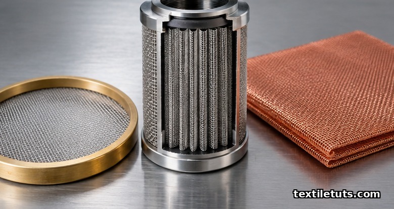 Cutaway hydraulic filter cartridge with dutch weave mesh, a test sieve, and folded copper RF shielding mesh.