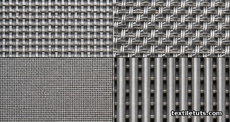 Four quadrants showing plain, twill, dutch and reverse dutch wire mesh weave patterns at the same magnification.