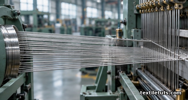Industrial wire weaving loom with taut warp wires and a weft wire being inserted across the open shed.