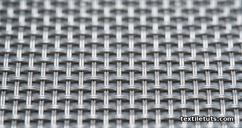 Macro close-up of woven stainless steel wire mesh showing regular square apertures and interlaced warp and weft wires.