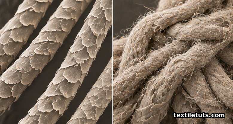 Microscopic view of wool fiber cuticle scales, separate on one side and interlocked into felted mat on the other