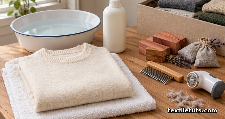 Wool sweater drying flat on a towel beside a cold water basin, wool comb, fabric shaver and cedar blocks for storage