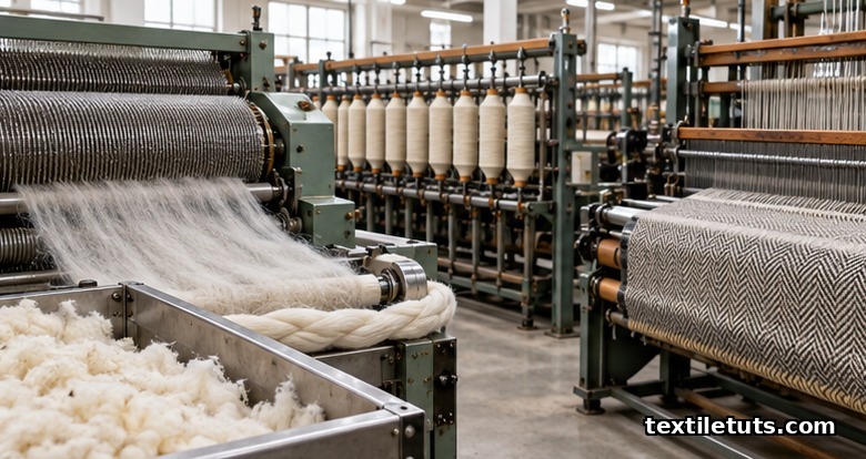 Wool mill with carding machine forming roving, spinning bobbins of wool yarn and a loom weaving twill wool cloth
