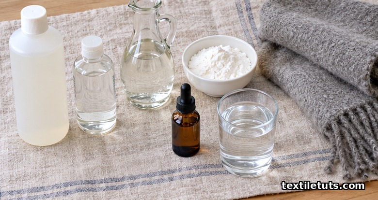 Flat-lay of wool-safe cleaners: wool wash, mild dish soap, white vinegar, cornstarch, glycerin and cold water