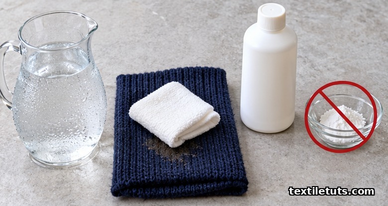 Cold water pitcher, white cloth blotting a stain on navy merino knit, and an avoided enzyme detergent bottle