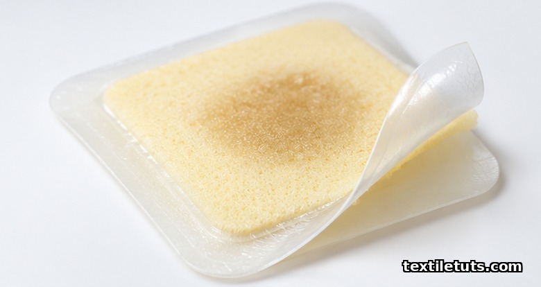 Sterile polyurethane foam wound dressing with semi-transparent backing film peeled back, used for moderate to heavy exudate wounds.