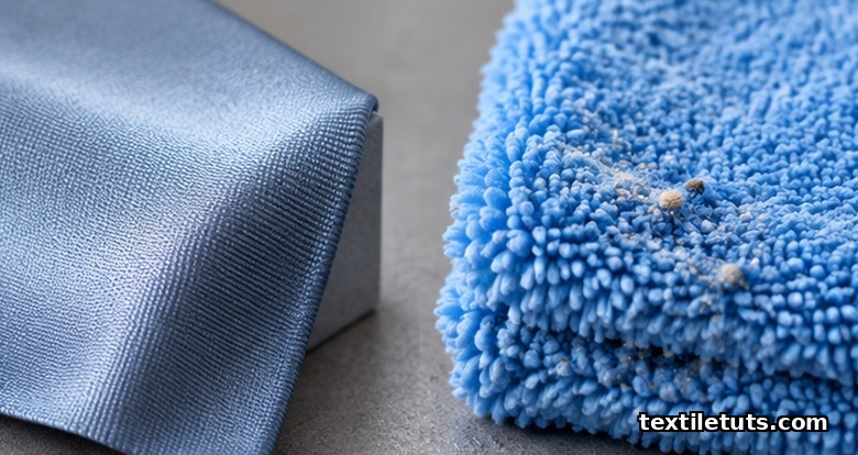 Macro view of smooth woven clothing microfiber beside plush split-fiber cleaning microfiber trapping dust