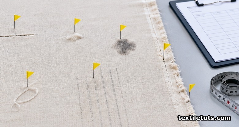 Close-up of cotton poplin on an inspection frame with yellow pin flags marking broken picks, slubs, oil stains, floats and reed marks.