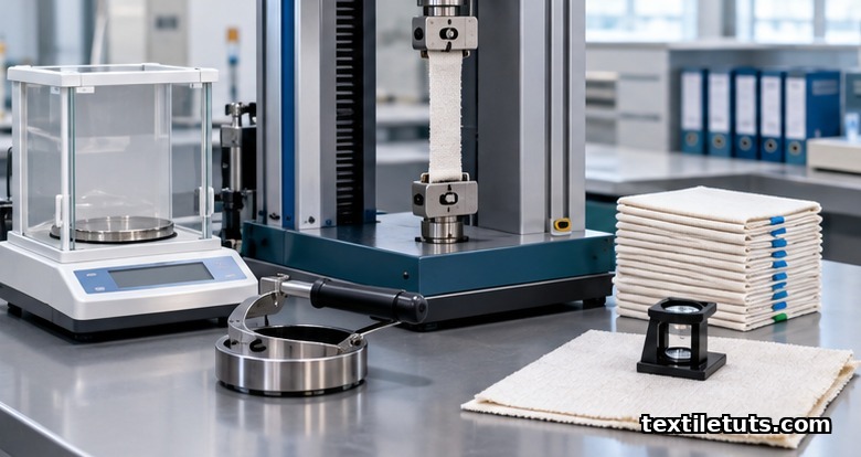 Textile QC lab workbench with analytical balance, circular cutter, tensile testing machine, and conditioned fabric specimens.