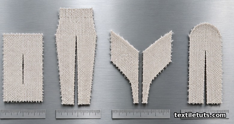 Four woven fabric tear specimens (ballistic, trouser, wing, and tongue shaped) laid out for ISO 13937 testing.