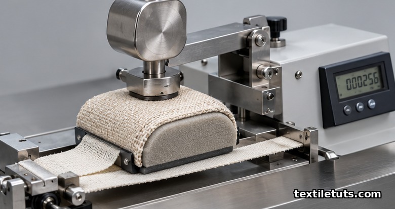 Close-up of a Wyzenbeek ASTM D4157 abrasion testing machine pressing a fabric specimen against woven cotton duck abradant in a textile lab.