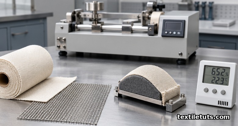 Wyzenbeek test components arranged on a lab workbench: cotton duck abradant, wire screen, foam-backed specimen holder, and oscillating cylinder machine.