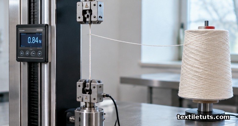 Single strand of cotton yarn mounted in a CRE tensile tester, illustrating ISO 2060 single-end breaking force test.