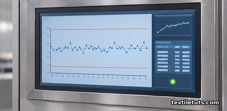 Statistical Process Control chart on a mill display tracking CVm yarn evenness trends with red control limits.