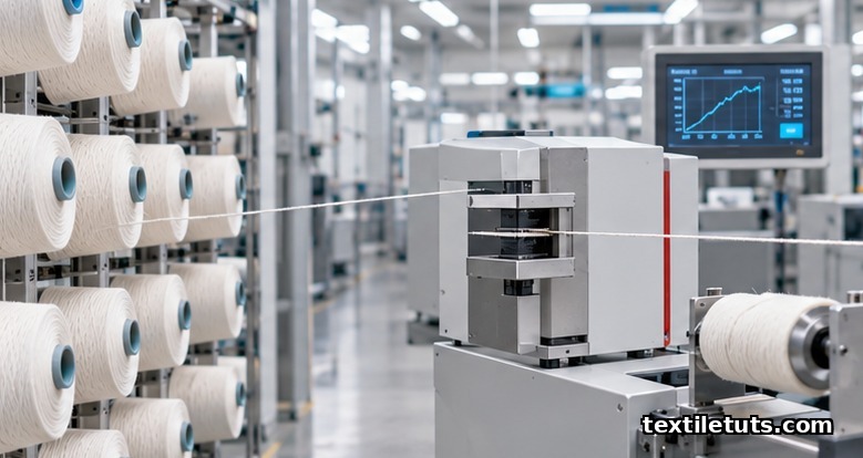 White combed cotton yarn packages on a mill creel feeding a Uster Tester instrument with parallel-plate sensor.