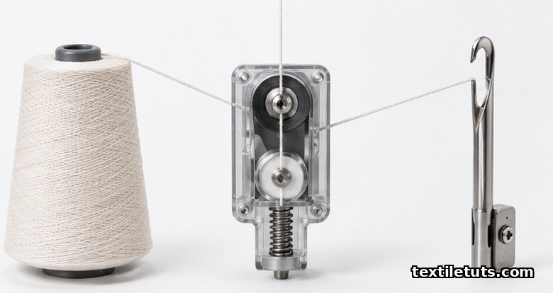 Three-part still life showing a yarn cone, transparent tensioner, and needle hook illustrating the feeder's three jobs.