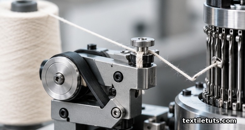 Macro close-up of a positive yarn feeder metering cotton yarn into the needle hook of a circular knitting machine.