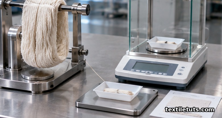 Wrap reel with wound yarn skein and analytical balance for ASTM D1907 linear density measurement.