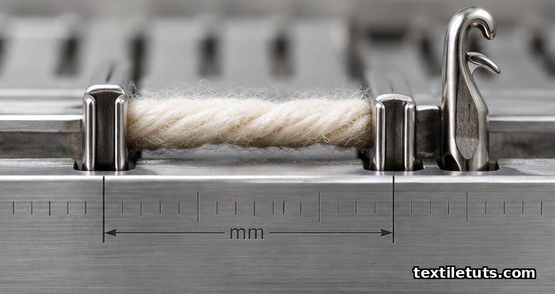 Macro side-view of a steel needle hook with yarn occupying about two-thirds of the gap between two needle slots.