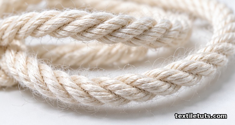 Macro photograph of tightly twisted cotton yarn coiled on a white surface, helical fibre spirals visible under raking light.