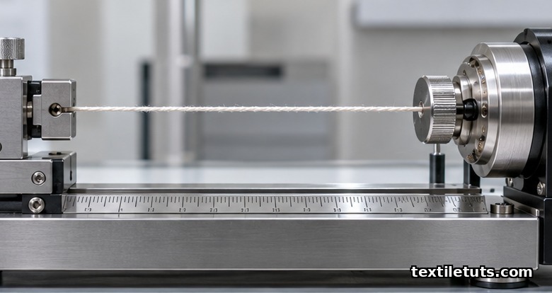 Mechanical twist tester with two clamps on a calibrated rail, cotton yarn taut between fixed and rotatable clamps on a lab bench.