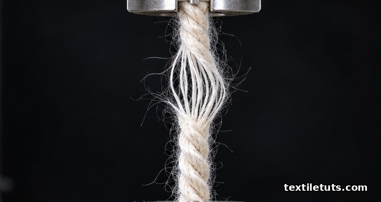 Close-up of a yarn specimen in a twist tester clamp against a dark background, fibres partially untwisted and parallel under magnification.