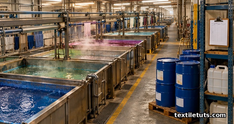 Dye vats and chemical storage drums inside a wet-processing facility implementing ZDHC compliance.