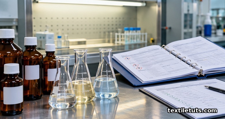 Laboratory glassware and Safety Data Sheets arranged for ZDHC MRSL chemical formulation screening.
