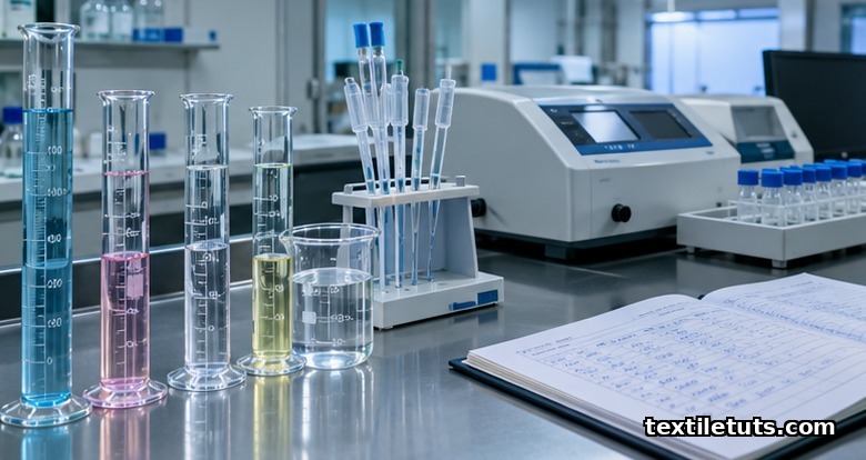 Graduated cylinders and spectrophotometer at a ZDHC-accredited wastewater effluent testing station.