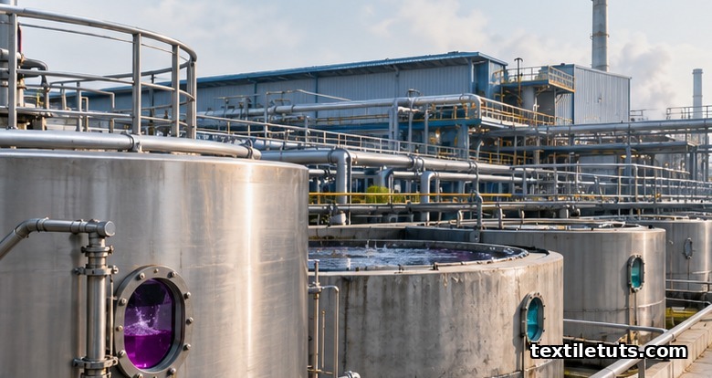 Effluent treatment tanks outside a textile dye house illustrating the ZDHC zero discharge framework.
