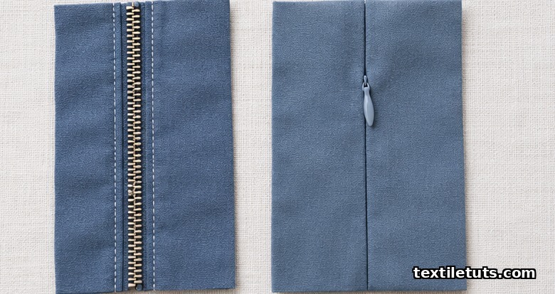 Top-down comparison of standard and invisible zippers sewn into cotton sateen seam samples on linen.
