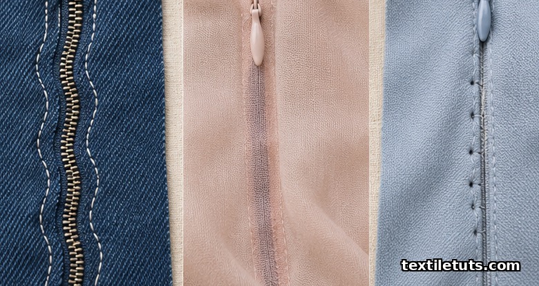 Macro view of zipper insertion defects including wavy topstitch, tape show-through, and needle strike damage.