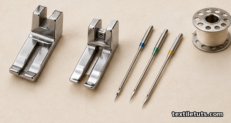 Standard and invisible zipper presser feet with universal needles sizes 12, 14, and 16 arranged on cream surface.
