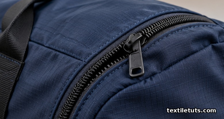 Polyester coil zipper sewn into the curved seam of a navy duffel bag, showing how the spiral element flexes with fabric.