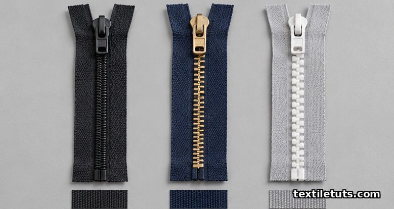 Three zipper samples — polyester coil, stamped brass metal, and molded acetal — laid side-by-side for textile construction comparison.