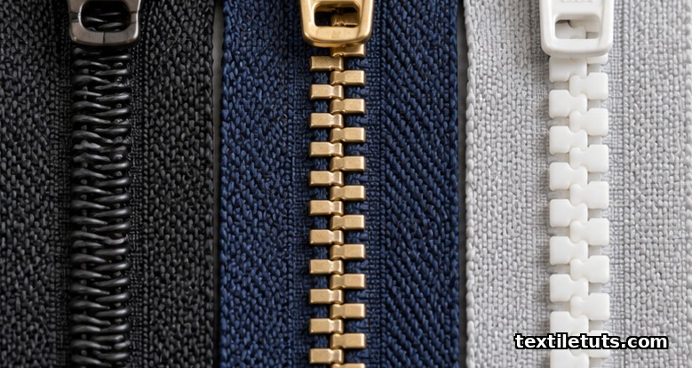Macro photograph showing polyester coil spiral, stamped brass metal teeth, and injection-molded acetal teeth side-by-side on tape.